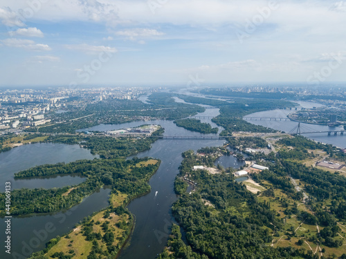Dnieper river in Kiev in summer. Aerial drone view. © Sergey