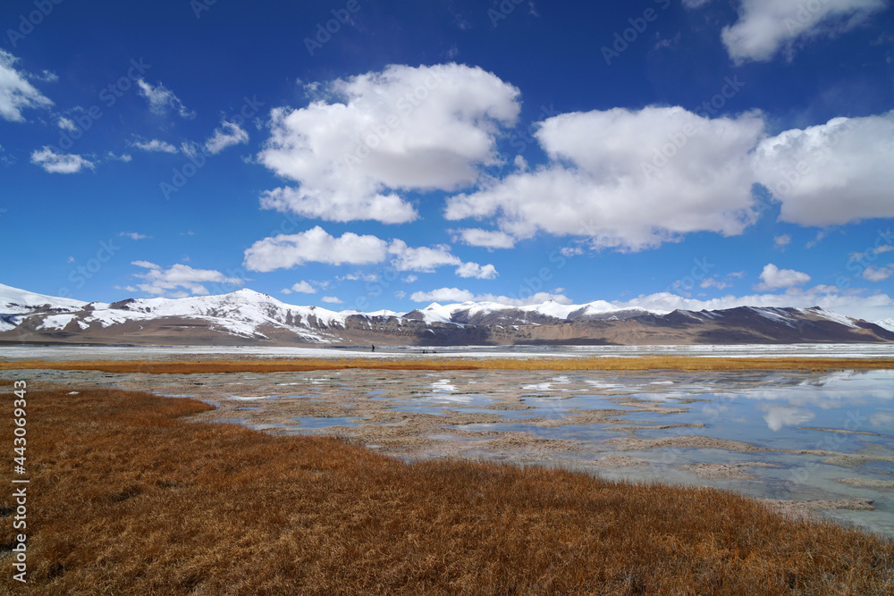 Nature Scene of Landscape Tso kar lake with snow mountain background reflection on the lake at Leh Ladakh ,Jammu and Kashmir , India  - Travle and vacation park and outdoor 