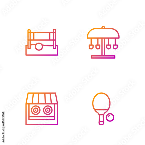 Set line Racket and ball, Shooting gallery, Volleyball net with and Attraction carousel. Gradient color icons. Vector