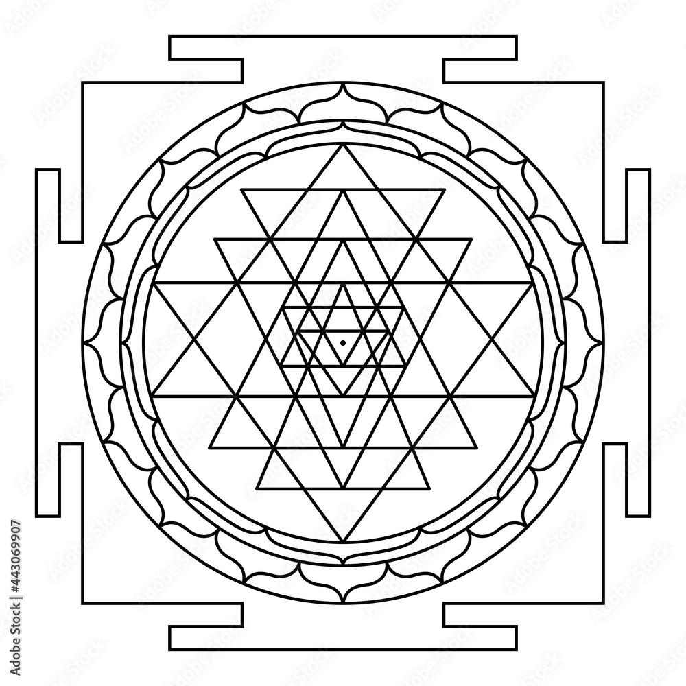 Sri Yantra, Shri Yantra or Shri Chakra, a mystical Hindu diagram. Nine  interlocking triangles surround Bindu