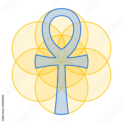Blue Ankh fits perfect in gold colored Seed of Life. The handle cross, an Egyptian hieroglyphic symbol, within a geometric figure of overlapping circles, a spiritual pattern of Sacred Geometry. Vector