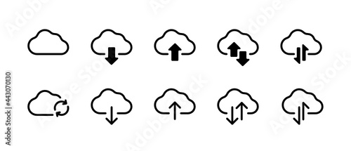 Upload and download on cloud storage black outline icon set