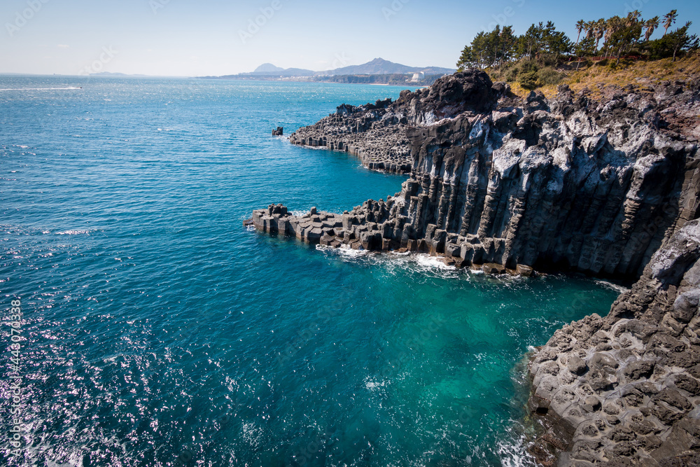 Obraz premium Jungmun Daepo Coast and Jusangjeolli Cliff. Cliff is a spectacular volcanic rock formation at the southern coast of Jeju Island, South Korea. Created when lava from Hallasan Mount erupted into the sea