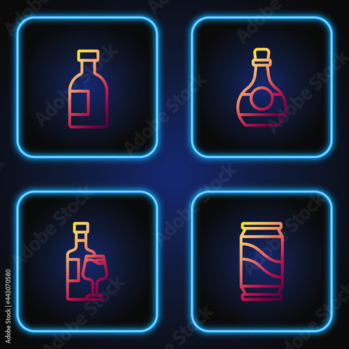 Set line Beer can, Wine bottle with glass, Glass of vodka and Bottle cognac or brandy. Gradient color icons. Vector