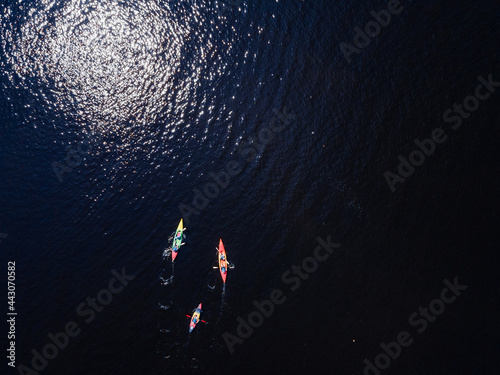 Aerial view from a drone of a person who is kayaking