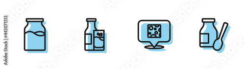 Set line Cheese, Bottle with milk, and glass and Drinking yogurt in bottle icon. Vector