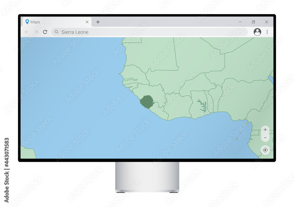 Computer monitor with map of Sierra Leone in browser, search for the country of Sierra Leone on the web mapping program.