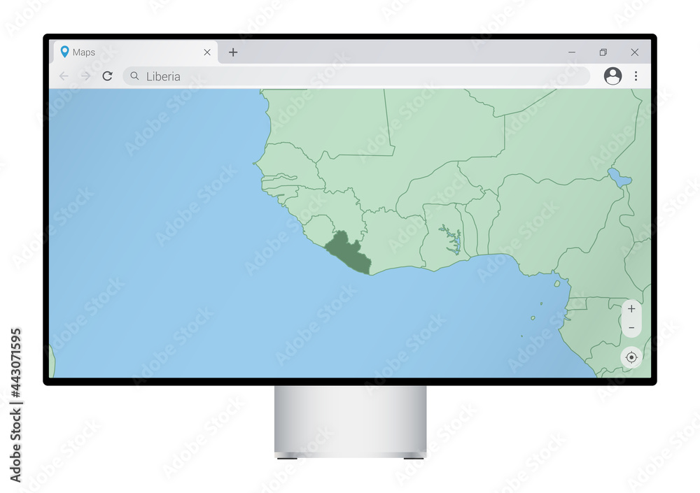Computer monitor with map of Liberia in browser, search for the country of Liberia on the web mapping program. Computer monitor with map of Liberia in browser, search for the country of Liberia on the web mapping program.