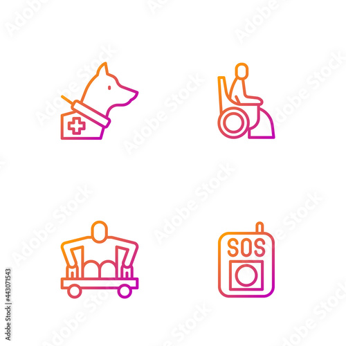 Set line Press the SOS button, Man without legs sitting wheelchair, Guide dog and Woman. Gradient color icons. Vector
