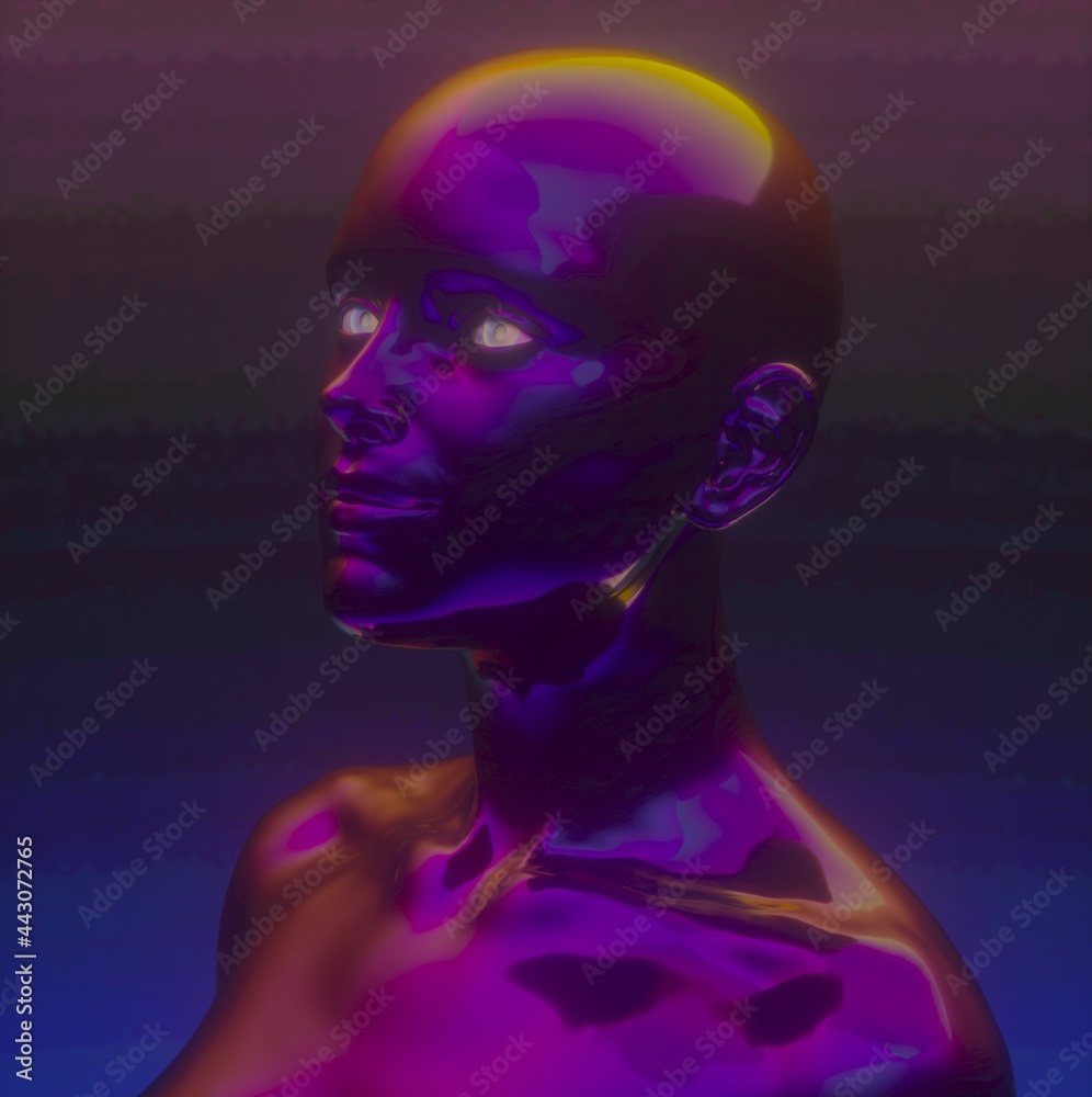 Conceptual 3D illustration of artificial intelligence. Robot head made of glossy chromium material.