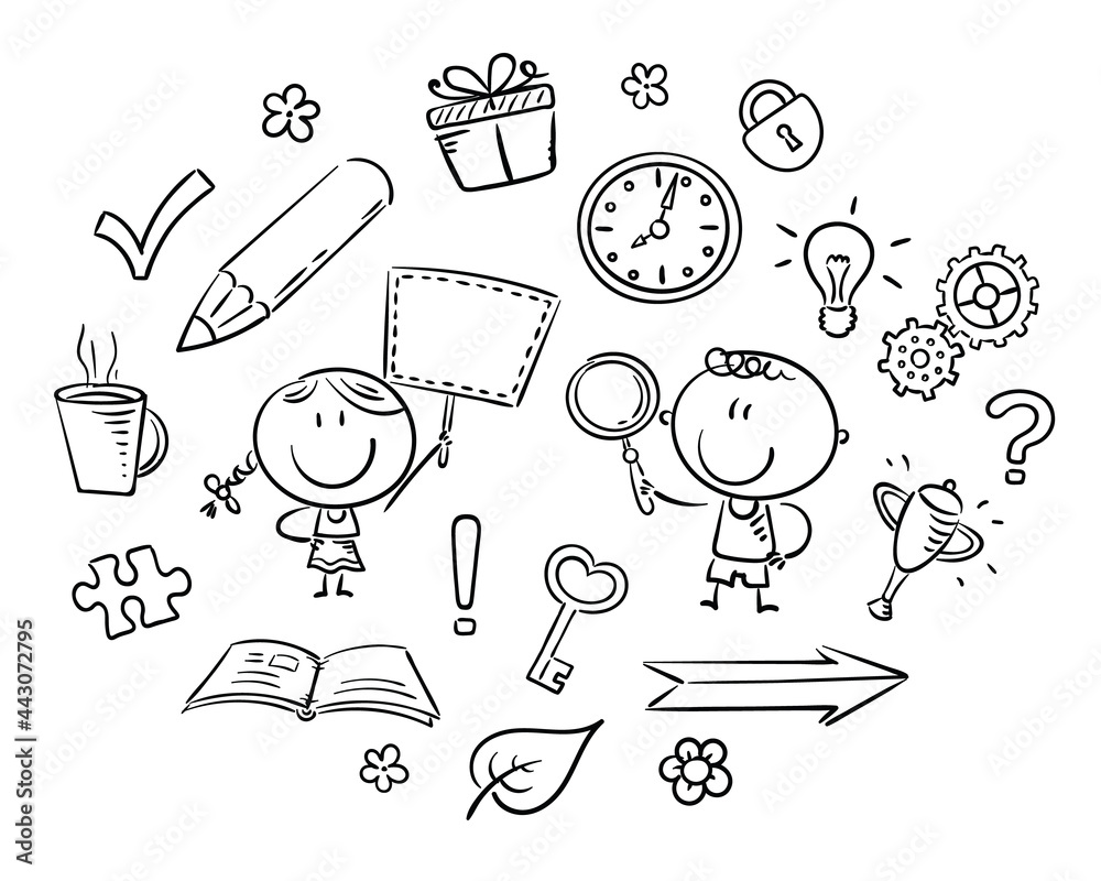 Outline clipart set. Cartoon kids with different objects Stock Vector