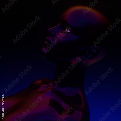Conceptual 3D illustration of artificial intelligence. Robot head made of glossy chromium material.