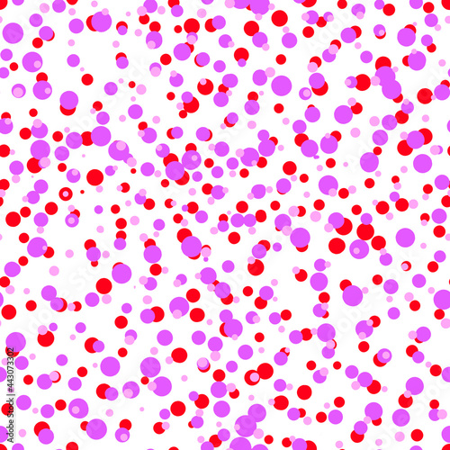 Abstract hand drown polka dots background. White seamless pattern with pink, red circles. Template design for invitation, poster, card, flyer, banner, textile, fabric