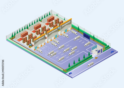 Isometric Vector Illustration Representing Warehouse Area Showing Distribution Flow with Load Trucks