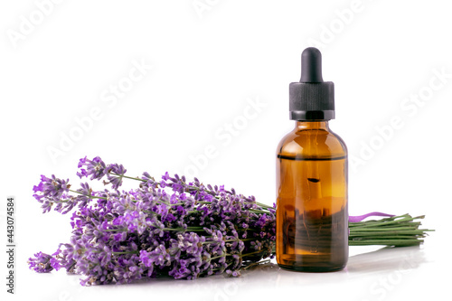 Lavender essential oil in a bottle and a bouquet of blooming lavender on a white isolated background.