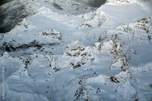 Nature scene - Aerial top view of Snow Mountain of himalaya mountains on sunny day winter season at Leh Ladakh , Jammu and Kashmir , India  - Beautiful White snow nature Texture Background 