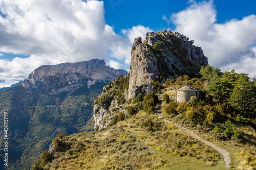 Tella Ermitage and surrounding landscape, Huesca, Spain.