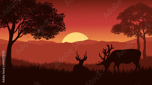 Landscape With Forest Sunset With Deer © AlNouman