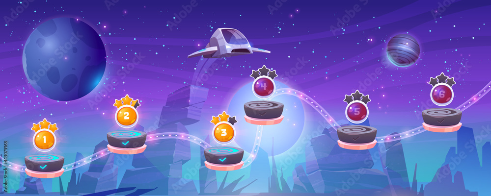 Mobile Arcade With Spaceship Interstellar Shuttle Hover Alien Planet With Rocks Assets Flying Rocky Platforms