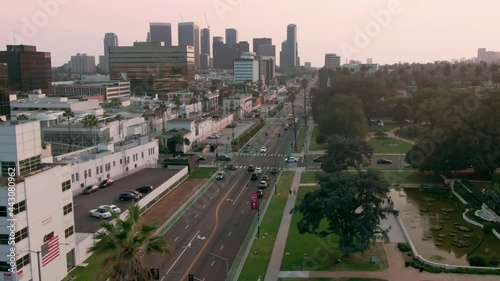 Aerial: Traffic on N Santa Monica Blvd, Beverly Hills, Los Angeles, California, USA