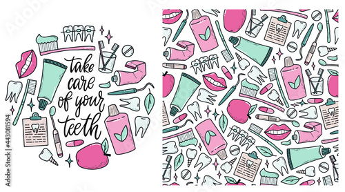 dentistry set of hand drawn doodles pack and seamless pattern for prints, wrapping paper, digital paper, wallpaper, etc. Health care stickers, elements. EPS 10