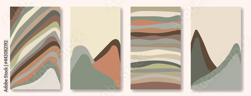 Set of abstract landscape vertical backgrounds. Mountains, hills, plains, nature in muted earthy tones. Four backgrounds for decor, print and social media posting.
