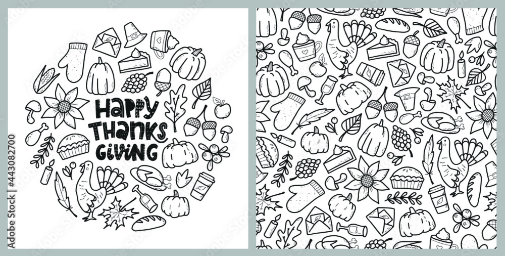 Thanksgiving set with seamless pattern and greeting card decorated with doodles. Good for coloring books, digital paper, scrapbooking, wallpaper, textile prints, posters, etc. EPS 10
