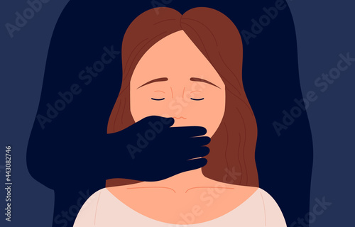 Woman with a male's hand on her mouth. Domestic violence. Man beating up his wife. Woman in fear of domestic abuse concept. Flat cartoon vector illustration.