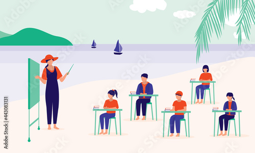 Group Of Students Having Class With Woman Teacher At The Island Beach. Remote Learning. Schoolcations.