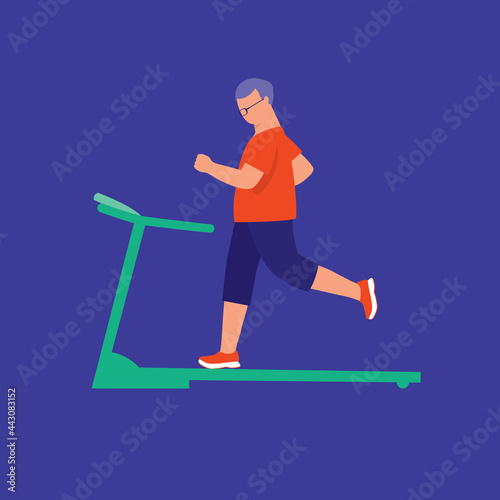 Side View Of An Elderly Man Running On Treadmill Machine. Healthy Lifestyle. © simplehappyart