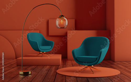 Interior with Art Deco armchairs. Green armchairs and lamp on orange background