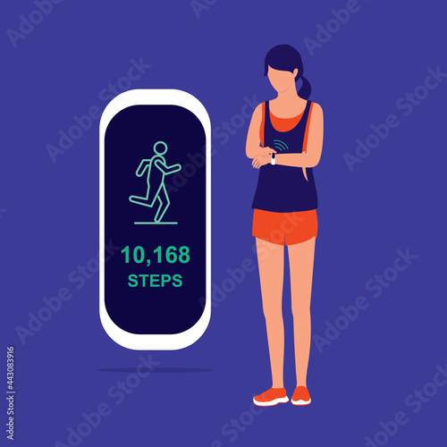 Young Woman Checking Her Fitness Results With Her Fitness Tracker Watch Showing The Number Of Steps With Runner Icon. Smartband. Smartwatch. Wellness. Active Lifestyle.