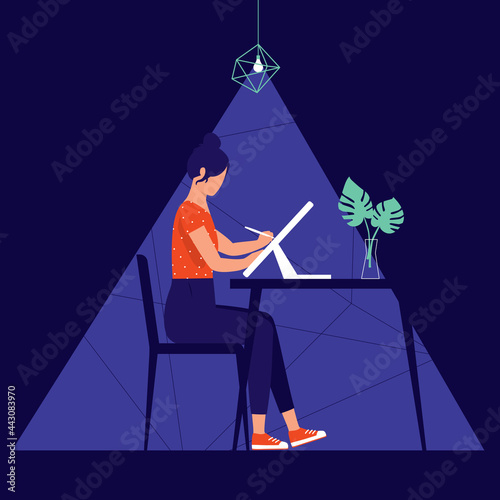 Young Professional Woman Creative Designer Drawing With Digital Drawing Tablet And Working Late At Night In Room.