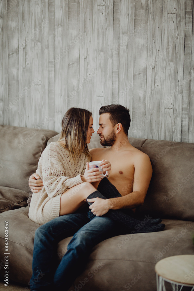 Loving couple with drink in morning Loving couple with drink in morning