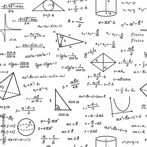 Geometric shapes with mathematical formulas seamless pattern. Handwritten algebraic calculations on white surface trigonometric with computation education drawings basic theorem. Vector knowledge.