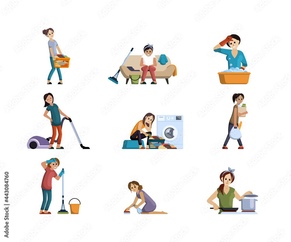 Tired and sad woman household chores. Girl with difficulty carries bags of groceries unhappy woman sits near washing machine with dirty things heavy washing kitchen. Vector cartoon domestic work.