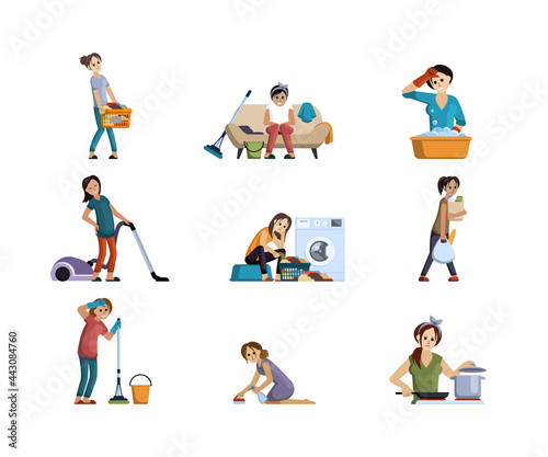 Tired and sad woman household chores. Girl with difficulty carries bags of groceries unhappy woman sits near washing machine with dirty things heavy washing kitchen. Vector cartoon domestic work.