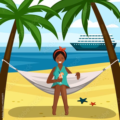 Tanned girl on hammock with cocktail illustration. Young girl enjoys relaxing on tropical yellow beach overlooking blue ocean and sailing passenger liner. Vector cartoon vacation.