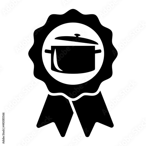 Cooking contest first place ribbon prize winner icon. pot or deep pan symbol on ribbon sign. Vector illustration on white background.