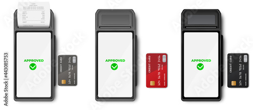 POS terminal Mockup template of bank payment terminal, Design. NFC payments concept. POS Terminal with Receipt Closeup Isolated. A purchase contactless or wireless manner.