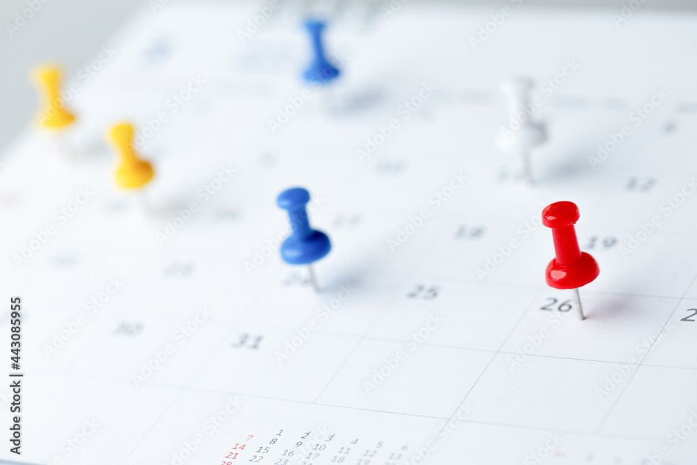 Thumbtack in calendar concept for busy, appointment and meeting reminder, planning for business meeting or travel planning concept. Thumbtack in calendar concept for busy, appointment and meeting reminder, planning for business meeting or travel planning concept.