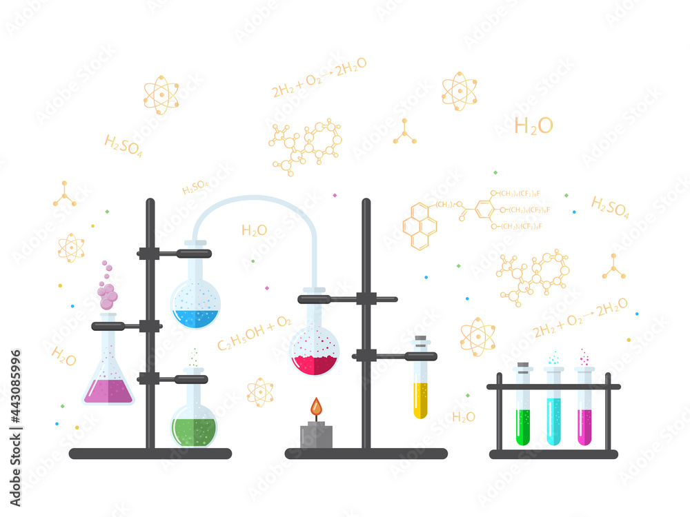 Vector illustration of a chemical laboratory, formulas, flasks and beakers.