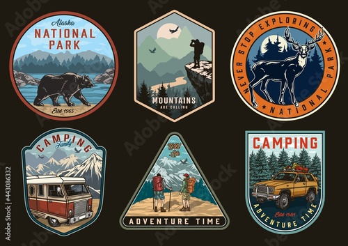 Summer camping vintage colorful emblems