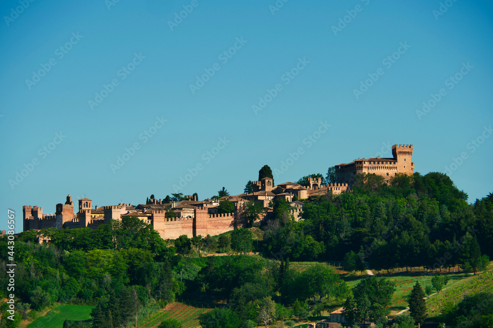 View of Gradara with defensive walls and castle, Marche Region, Italy