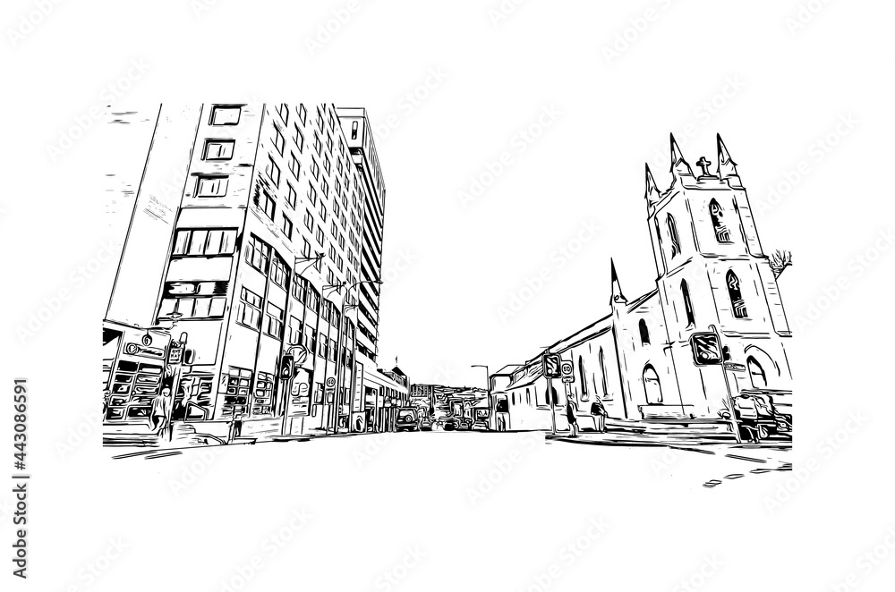 Building view with landmark of Hobart is the
city in Australia. Hand drawn sketch illustration in vector.