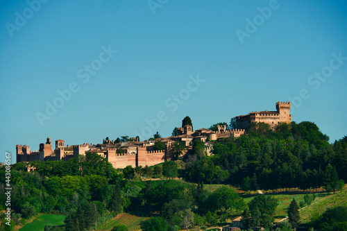 View of Gradara with defensive walls and castle, Marche Region, Italy