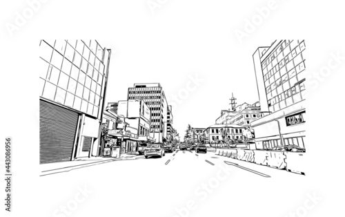 Building view with landmark of Hobart is the 
city in Australia. Hand drawn sketch illustration in vector.