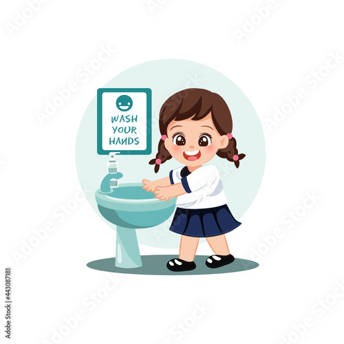 Girl Students Character Washing Hands with Soap under running Water. Covid preventive at school scene. Prevention against Virus and Infection. Asian school safe from covid-19
