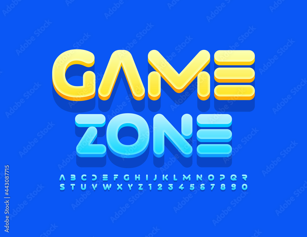 Vector funny emblem Game Zone. Abstract blue Font. Creative set of Alphabet Letters and Numbers Vector funny emblem Game Zone. Abstract blue Font. Creative set of Alphabet Letters and Numbers