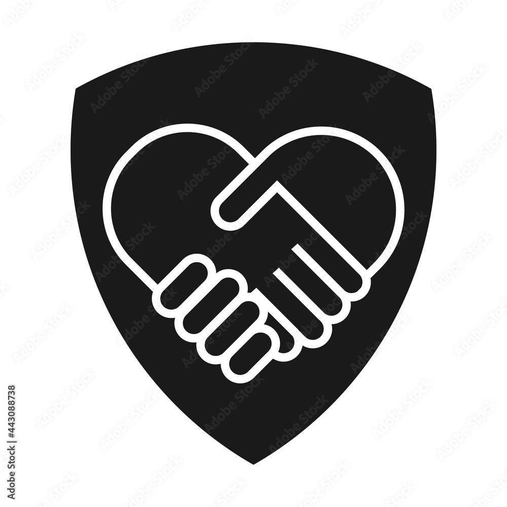 Handshake collaboration heart shape on shield logo. Business agreement concept shield icon. Vector illustration isolated on white background.
